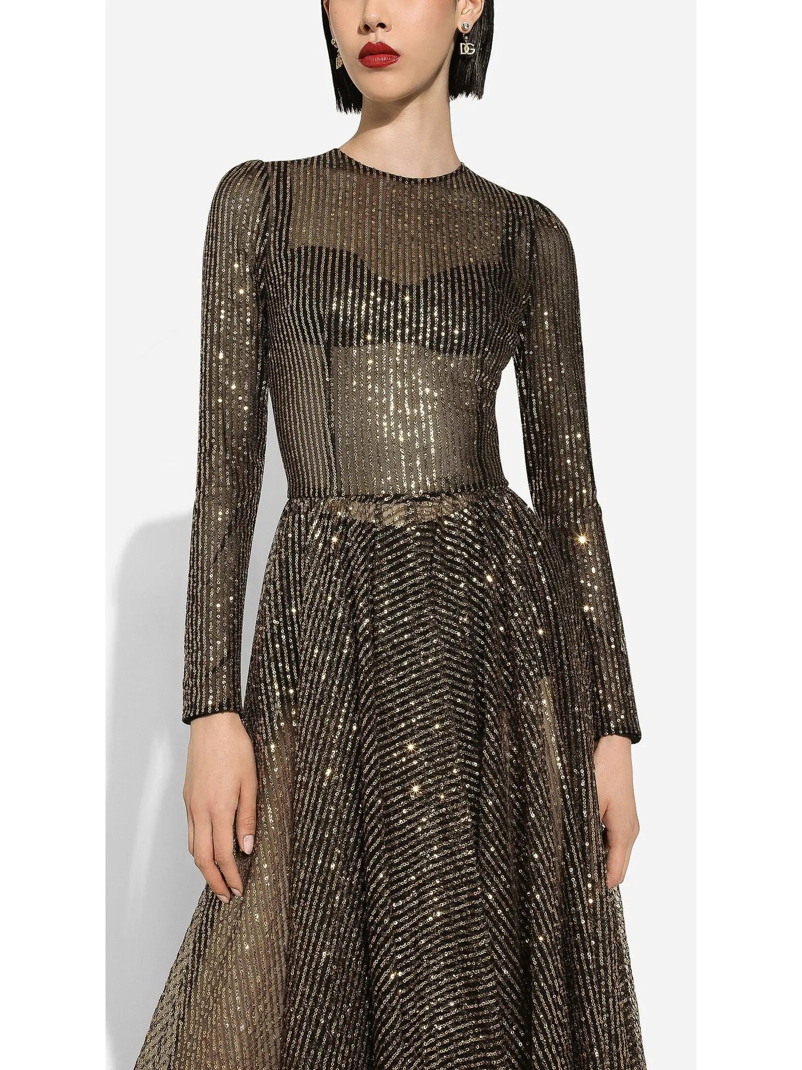 Long-Sleeved Sequined Midi Dress - Dresses