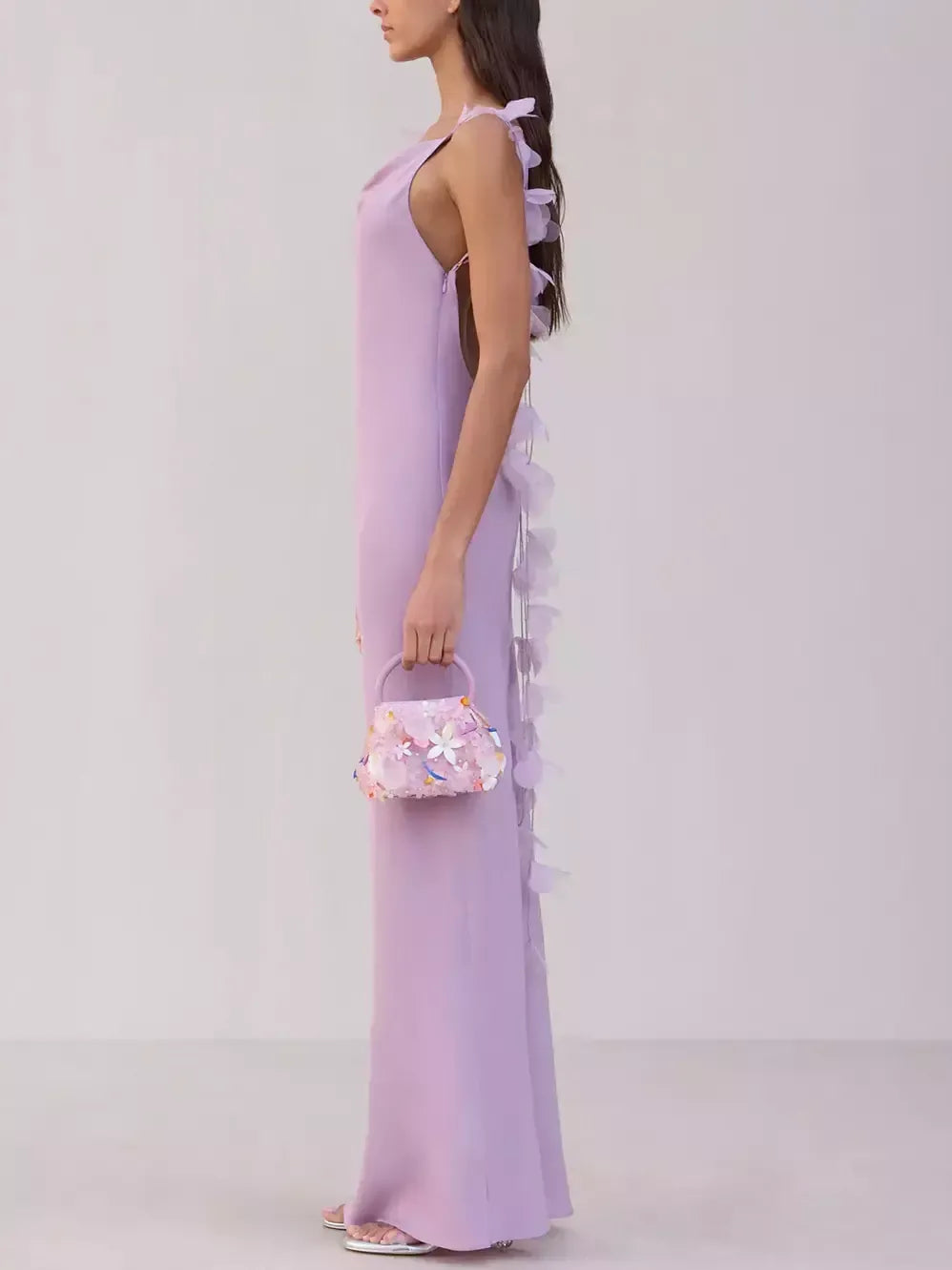 Long Sleeveless Gown with Organza Flower Petals - Dresses