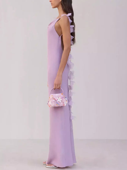 Long Sleeveless Gown with Organza Flower Petals - Dresses