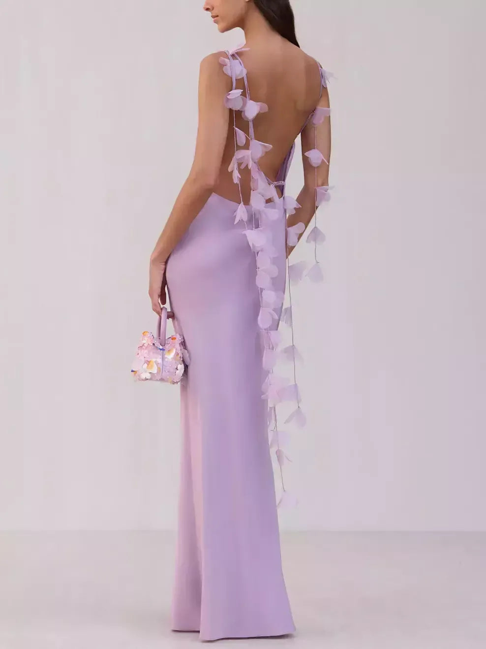 Long Sleeveless Gown with Organza Flower Petals - Dresses