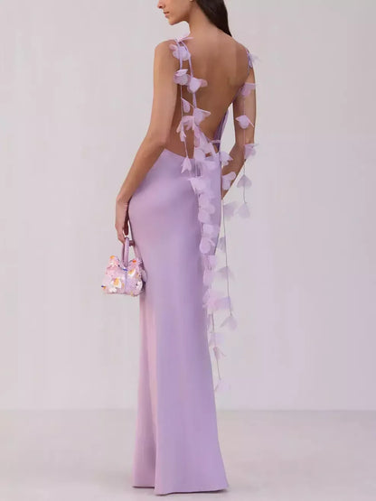 Long Sleeveless Gown with Organza Flower Petals - Dresses