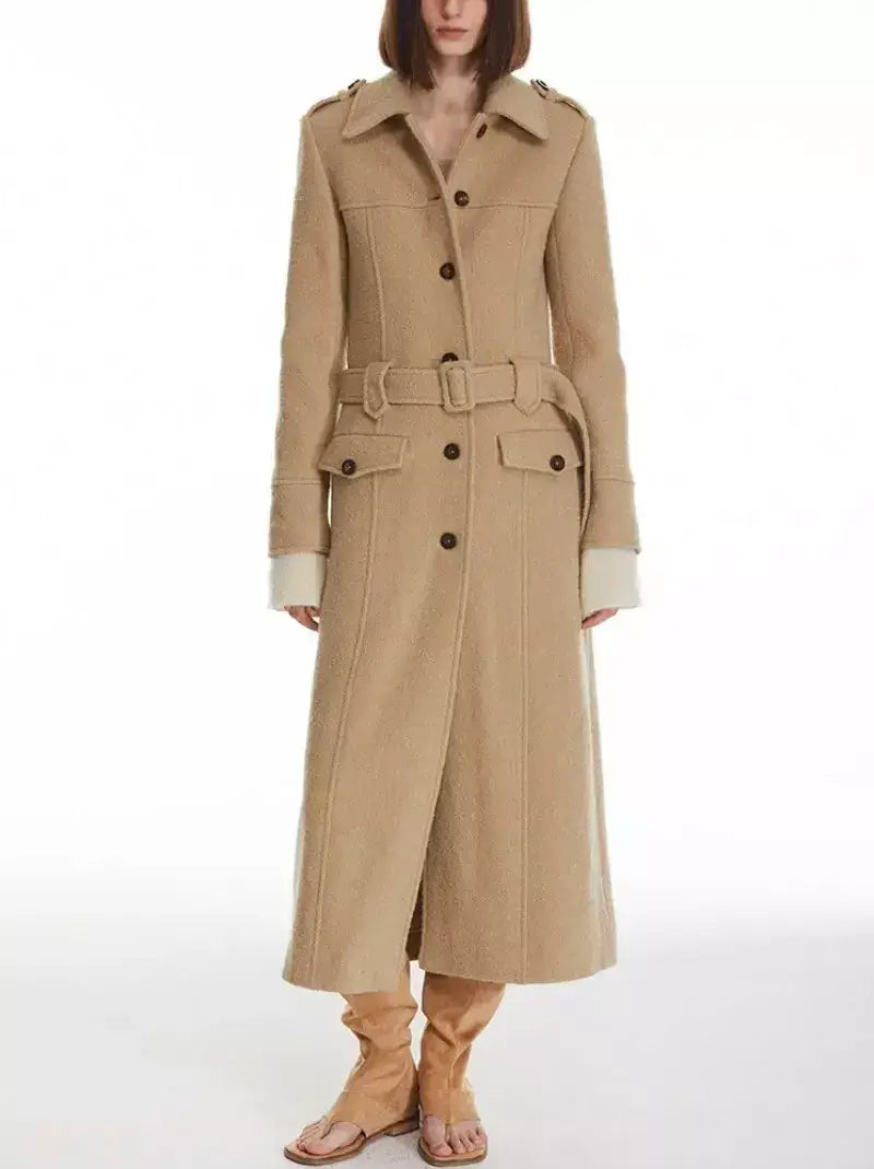 Long Structured Wool Belted Coat - Coats
