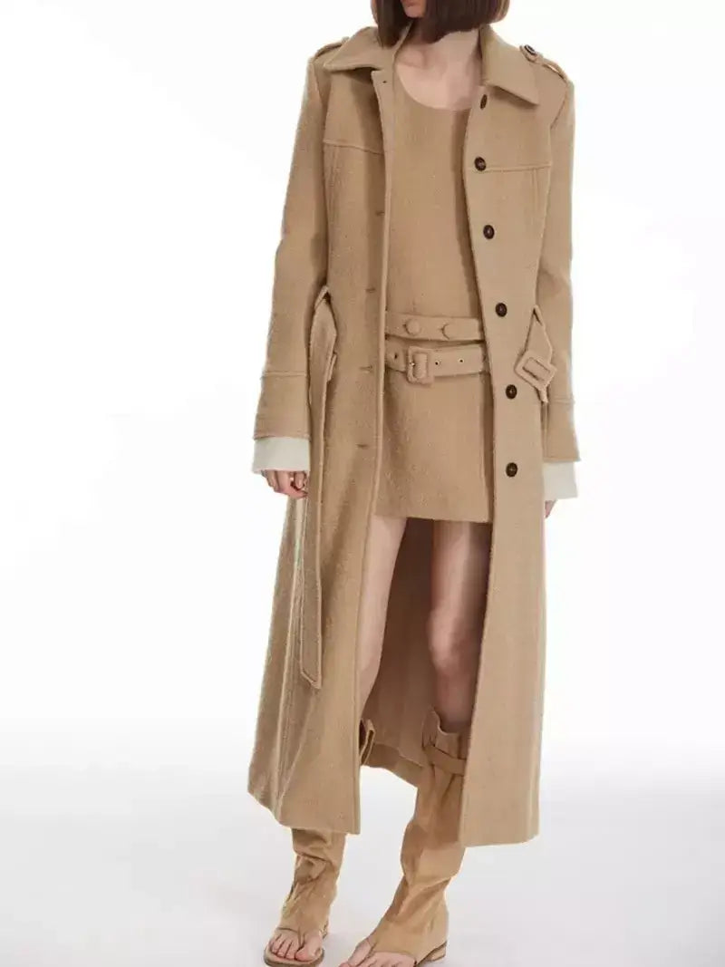 Long Structured Wool Belted Coat - Coats