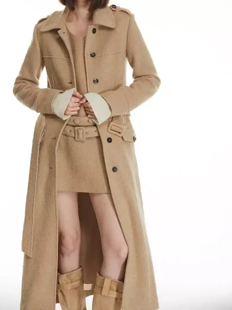 Long Structured Wool Belted Coat - Coats
