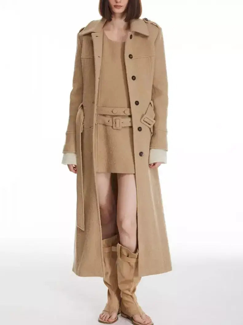 Long Structured Wool Belted Coat - Coats