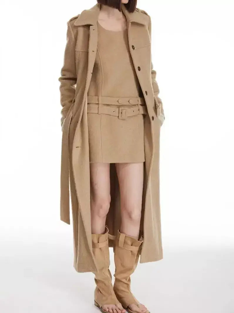 Long Structured Wool Belted Coat - Coats