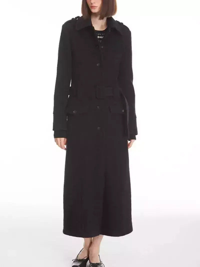 Long Structured Wool Belted Coat - Medium / Black - Coats