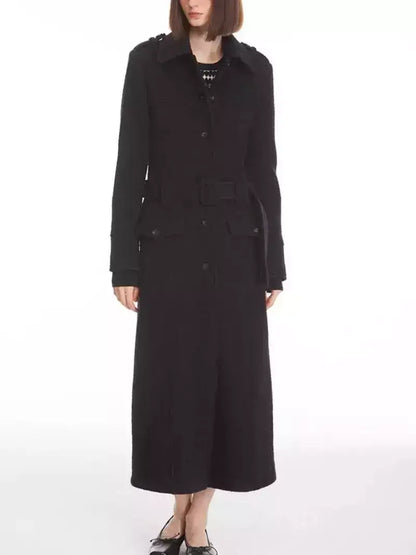 Long Structured Wool Belted Coat - Medium / Black - Coats