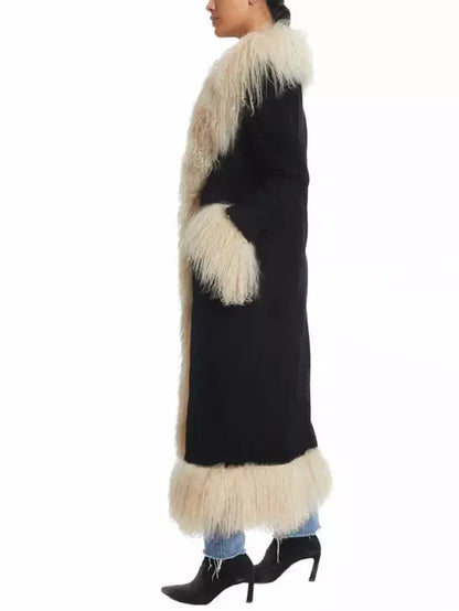 Long Suede Black Coat with Beige Shearling Trim - Coats