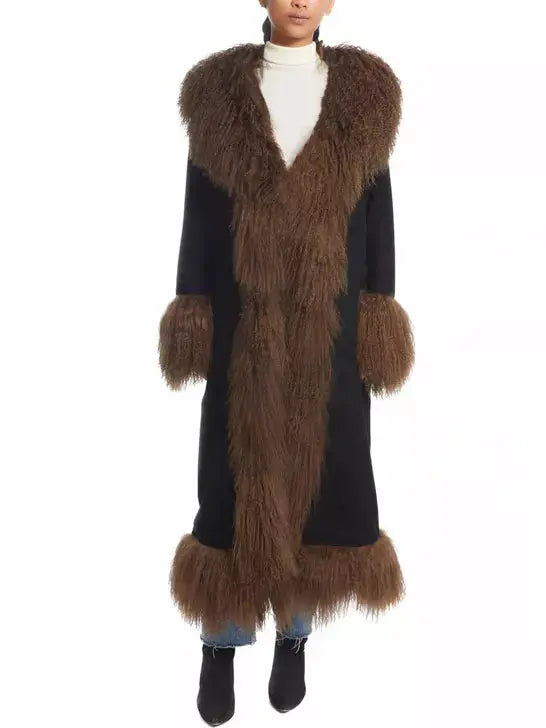 Long Suede Black Coat with Brown Shearling Trim - Coats