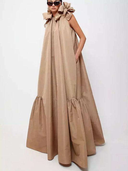 Long Taffeta Maxi Dress with Bows - Dresses