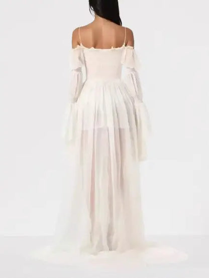 Long White Ruched Off-Shoulder Chiffon Maxi Dress - Dresses