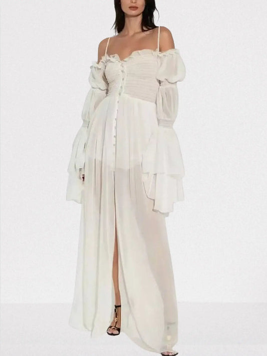 Long White Ruched Off-Shoulder Chiffon Maxi Dress - Small - Dresses
