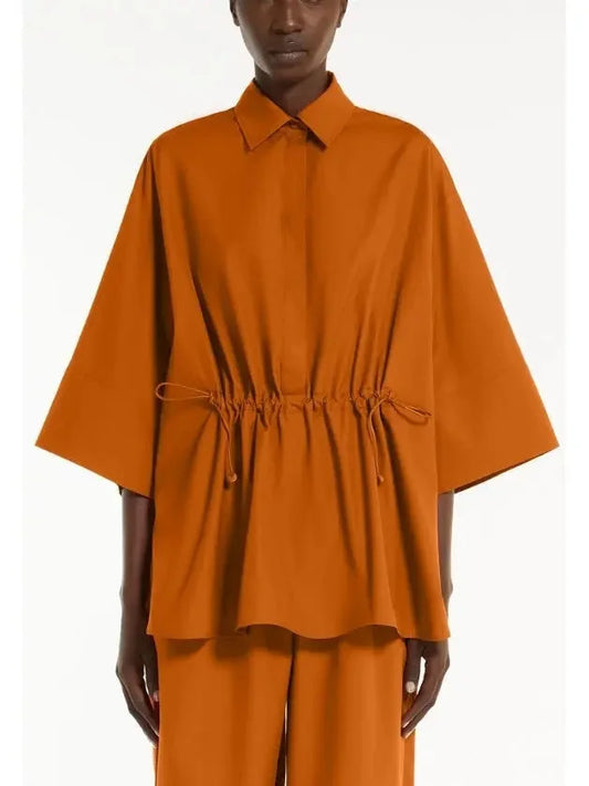 Loose-Fitting Cotton Poplin Shirt with Drawstring Waist in Earth - Tops