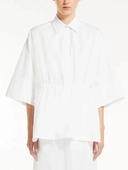 Loose-Fitting Cotton Poplin Shirt with Drawstring Waist in White - Tops