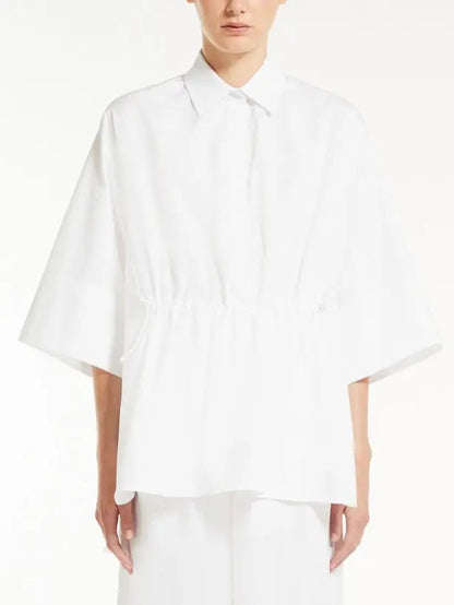 Loose-Fitting Cotton Poplin Shirt with Drawstring Waist in White - Tops