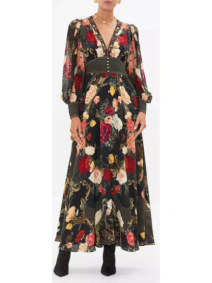 Low-Cut Long Multicolored Floral-Printed Dress - Dresses