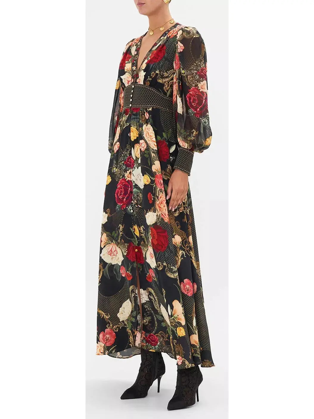 Low-Cut Long Multicolored Floral-Printed Dress - Dresses