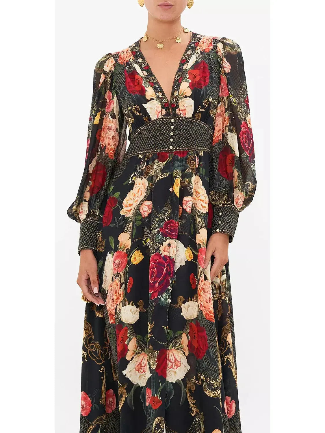 Low-Cut Long Multicolored Floral-Printed Dress - Dresses