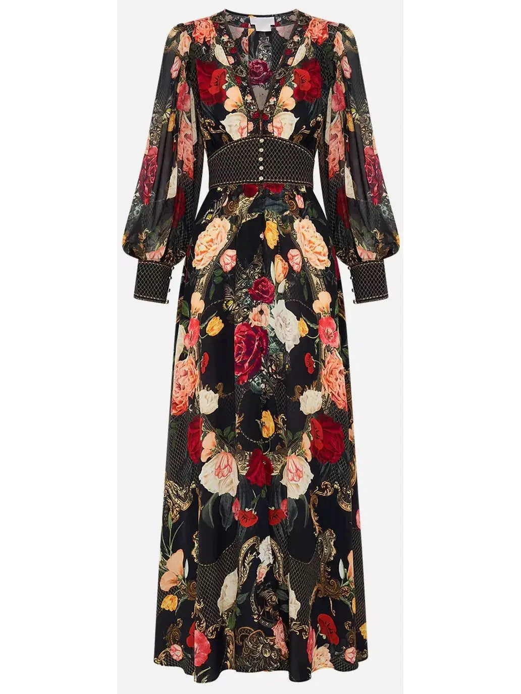 Low-Cut Long Multicolored Floral-Printed Dress - Dresses