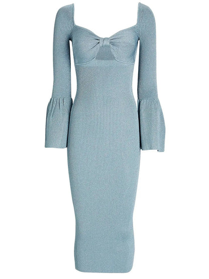 Lurex Flared-Cuff Knit Midi Dress Light Blue - Dresses