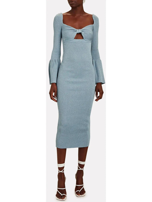 Lurex Flared-Cuff Knit Midi Dress Light Blue - small - Dresses