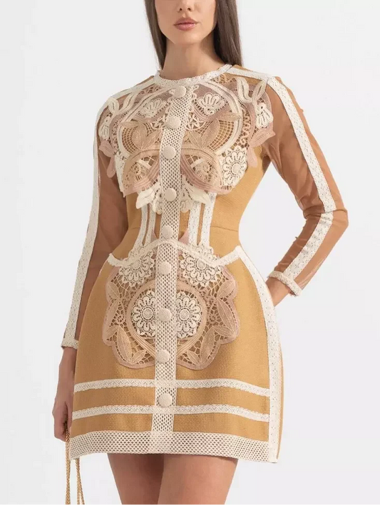 Tan Macrame and Lace Embroidery Mini Dress with button details and lace accents