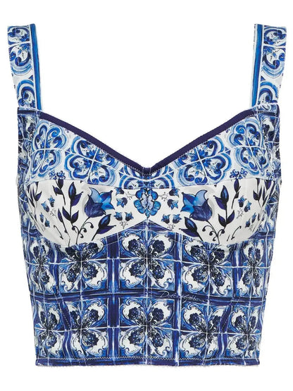 Majolica Blue and White Cotton Bustier Top - Tops