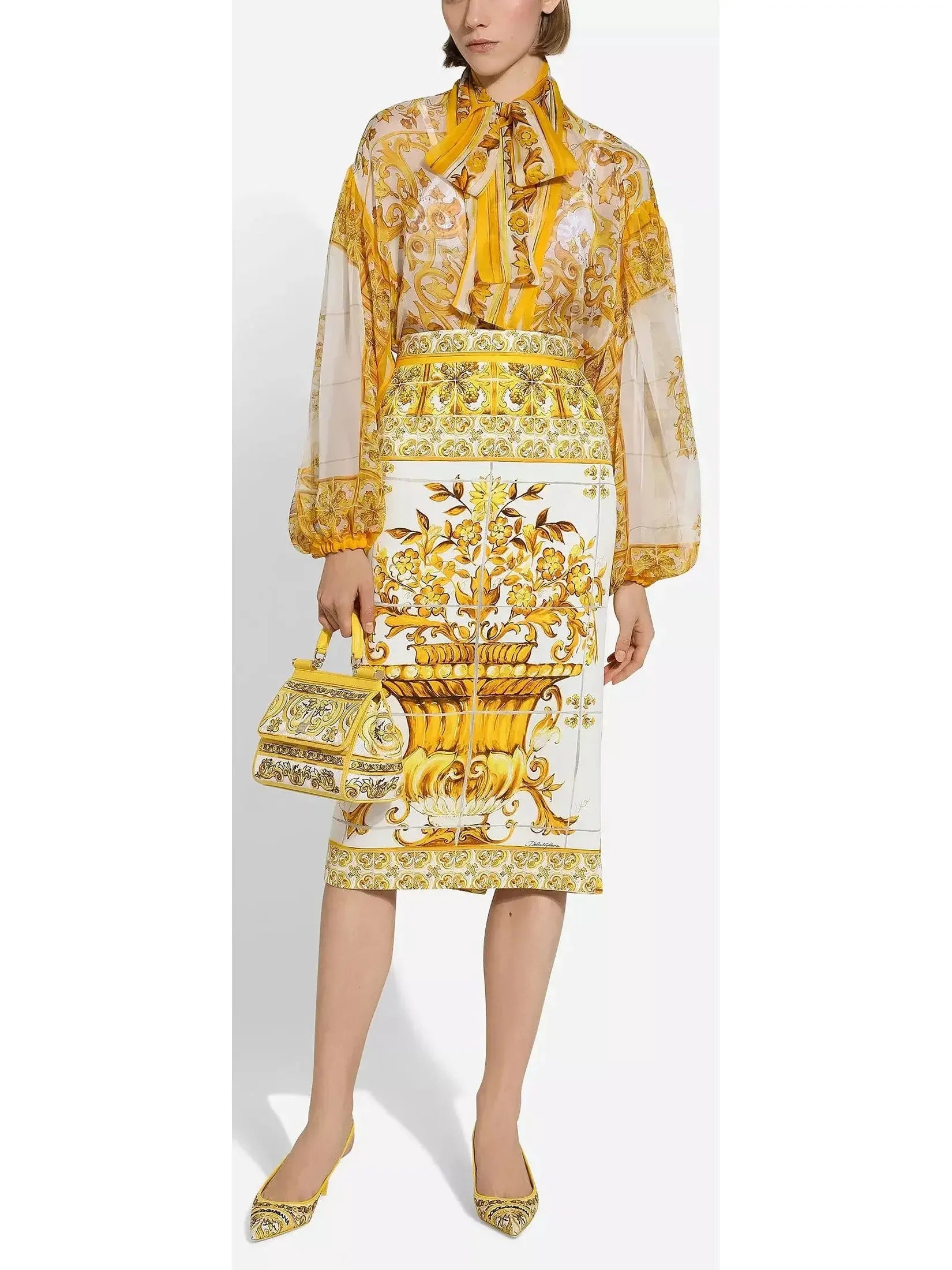 Majolica Chiffon Blouse and Skirt Set in Yellow and White - Suits & Sets