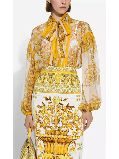 Majolica Chiffon Blouse and Skirt Set in Yellow and White - Suits & Sets