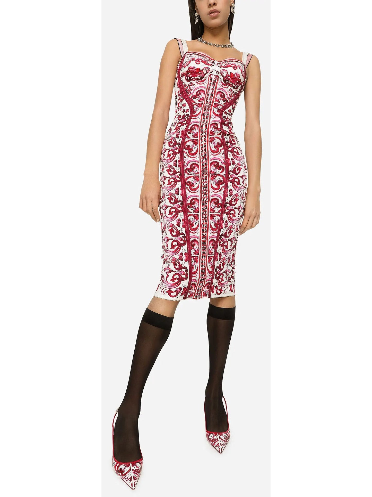 Majolica Italian Print Charmeuse Corset Dress in Red and White - Dresses