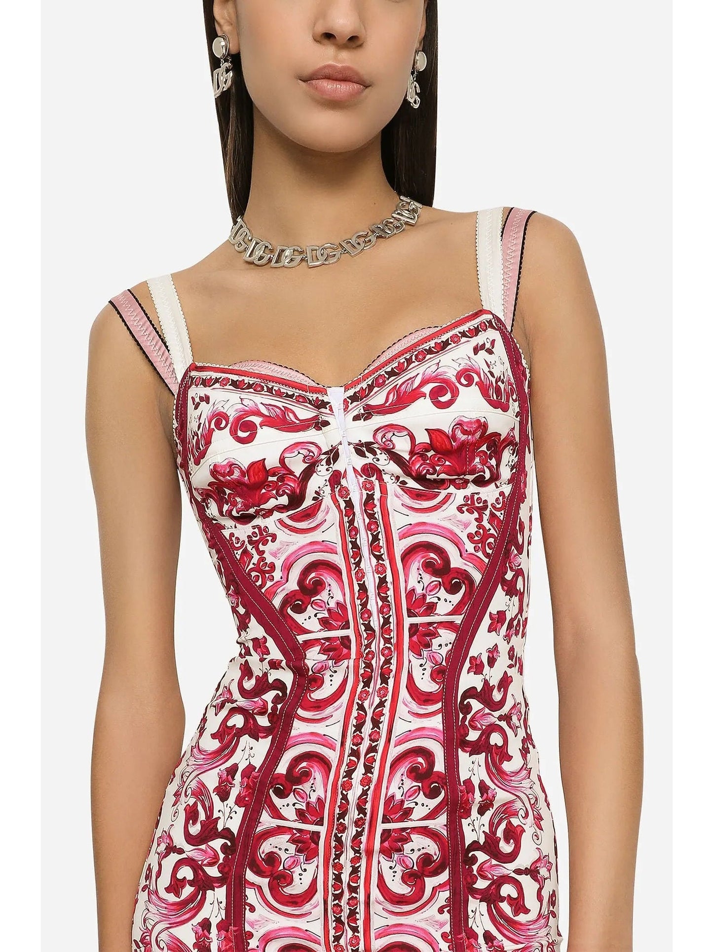 Majolica Italian Print Charmeuse Corset Dress in Red and White - Dresses