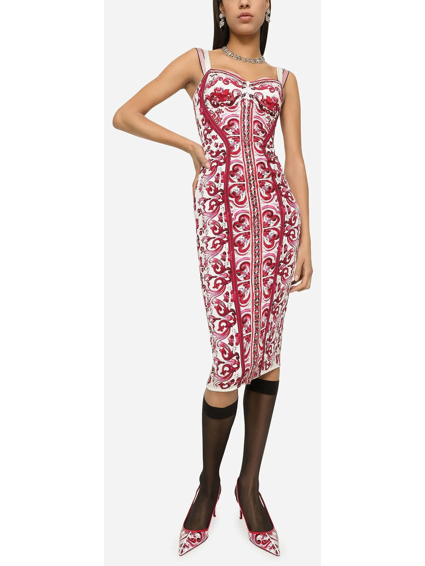 Majolica Italian Print Charmeuse Corset Dress in Red and White - Dresses