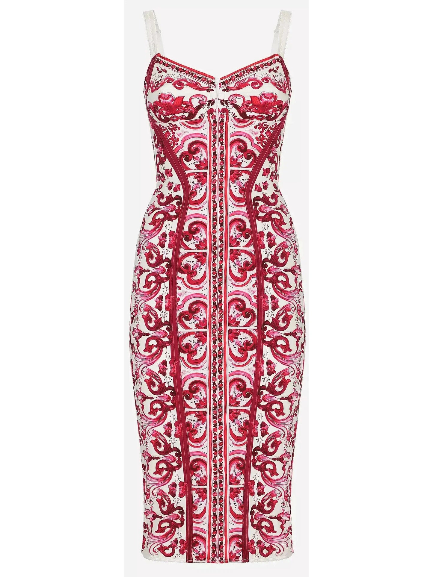 Majolica Italian Print Charmeuse Corset Dress in Red and White - s - Dresses