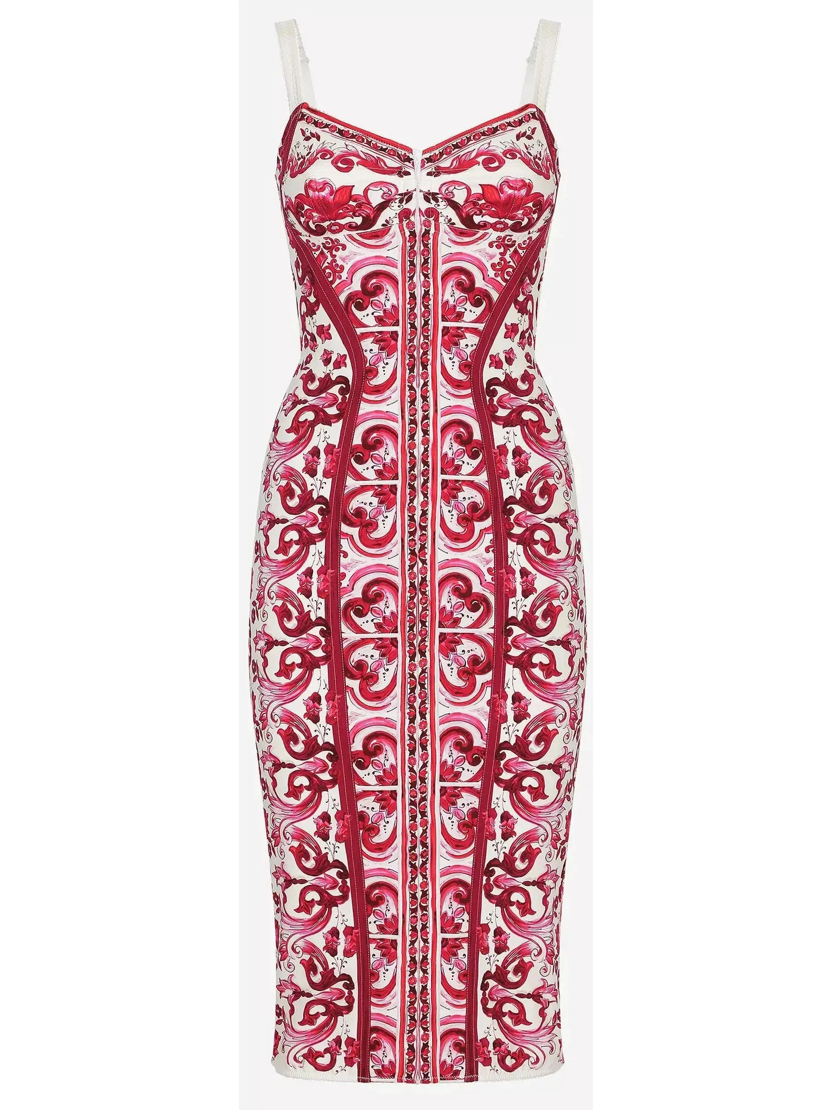 Majolica Italian Print Charmeuse Corset Dress in Red and White - s - Dresses