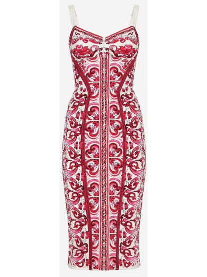 Majolica Italian Print Charmeuse Corset Dress in Red and White - s - Dresses