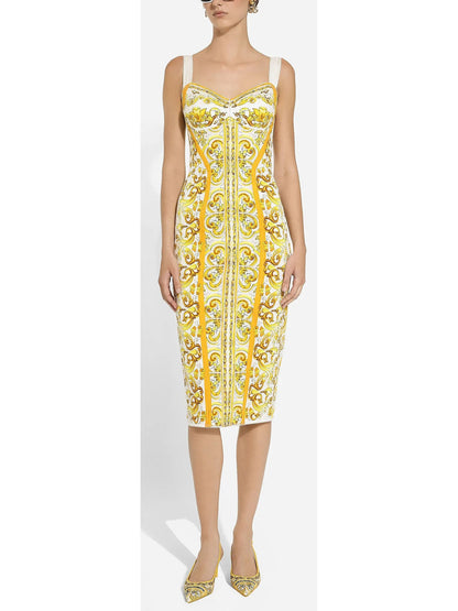 Majolica Italian Print Charmeuse Silk Corset Dress in Yellow and White - Dresses