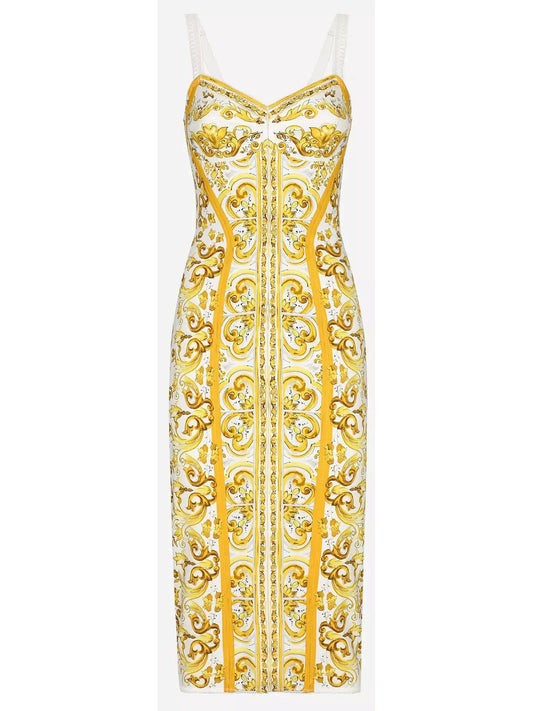 Majolica Italian Print Charmeuse Silk Corset Dress in Yellow and White - small - Dresses