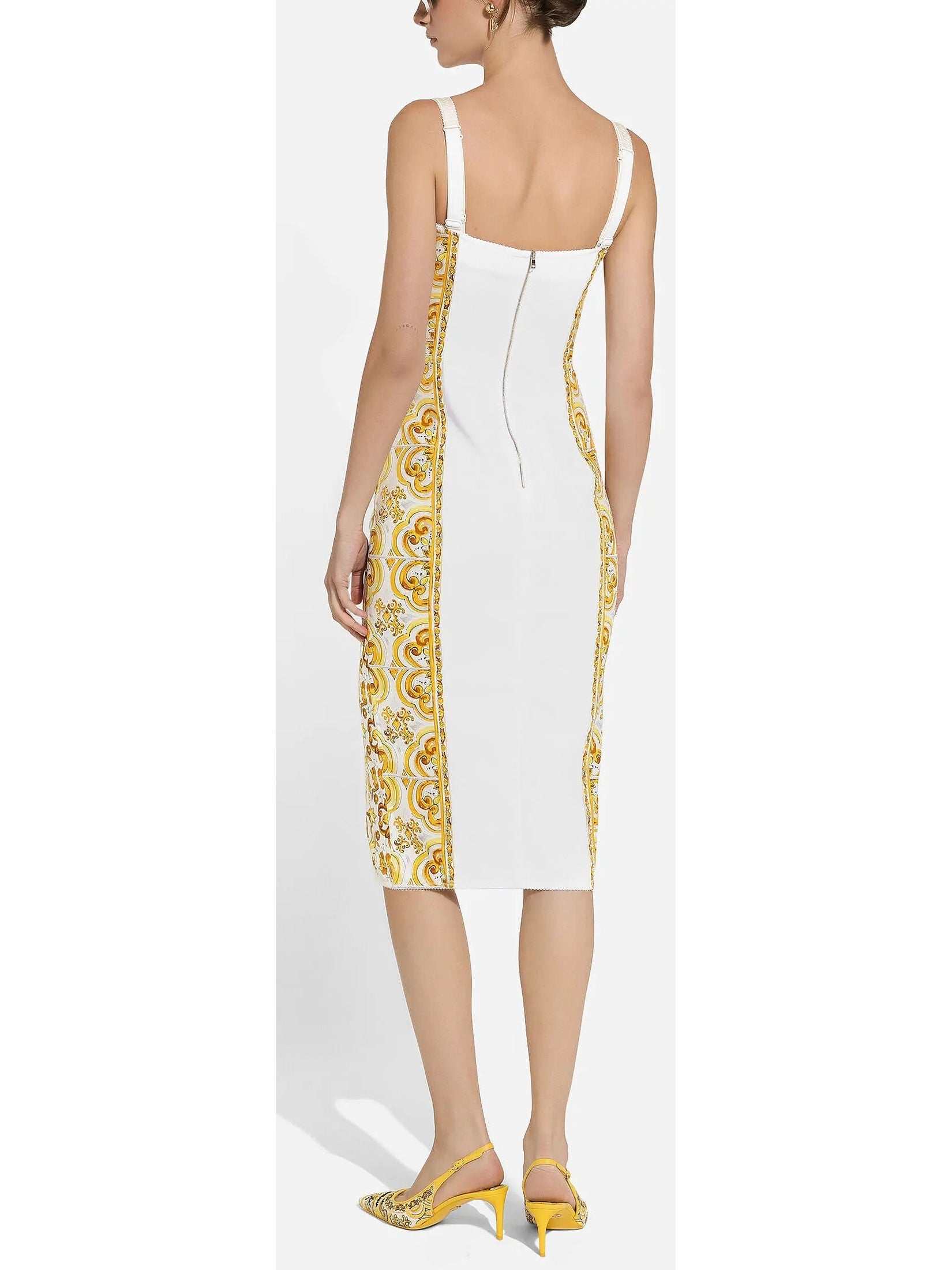 Majolica Italian Print Charmeuse Silk Corset Dress in Yellow and White - Dresses