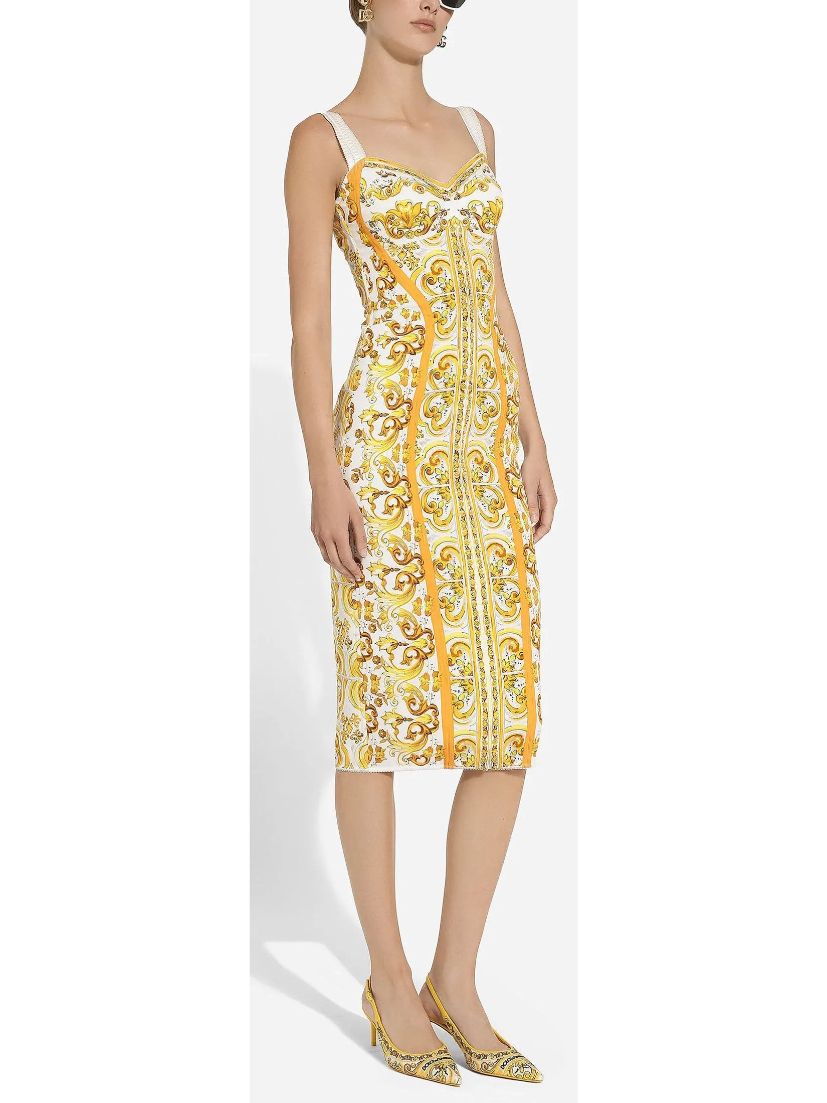 Majolica Italian Print Charmeuse Silk Corset Dress in Yellow and White - Dresses