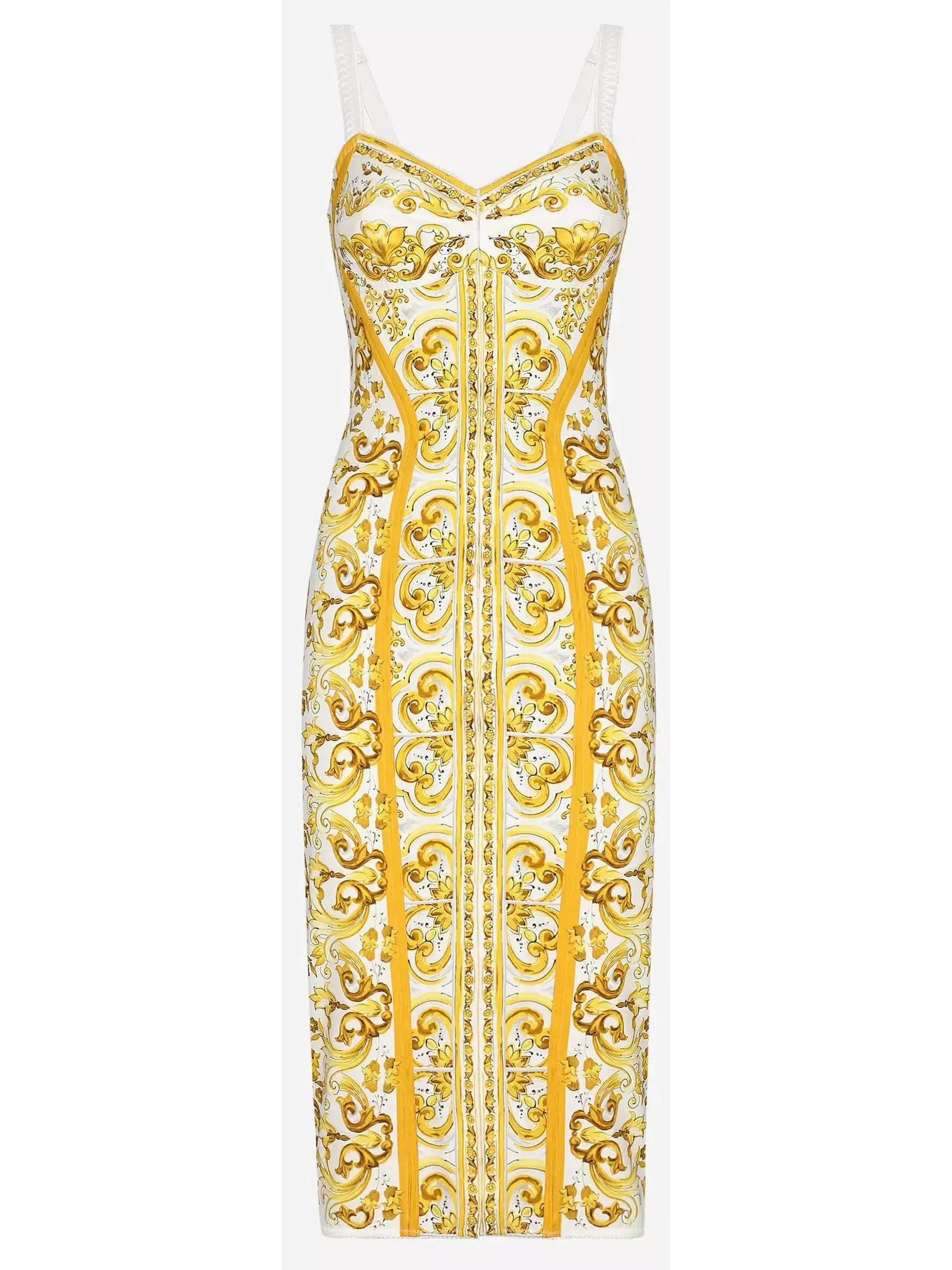 Majolica Italian Print Charmeuse Silk Corset Dress in Yellow and White - Dresses