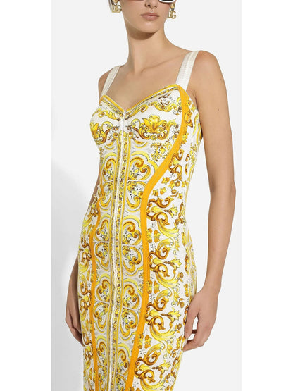 Majolica Italian Print Charmeuse Silk Corset Dress in Yellow and White - Dresses