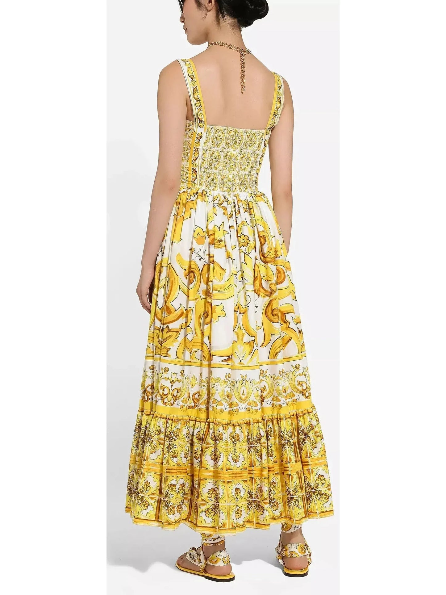 Majolica Italian Print Cotton Poplin Corset Calf-Length Dress - Dresses