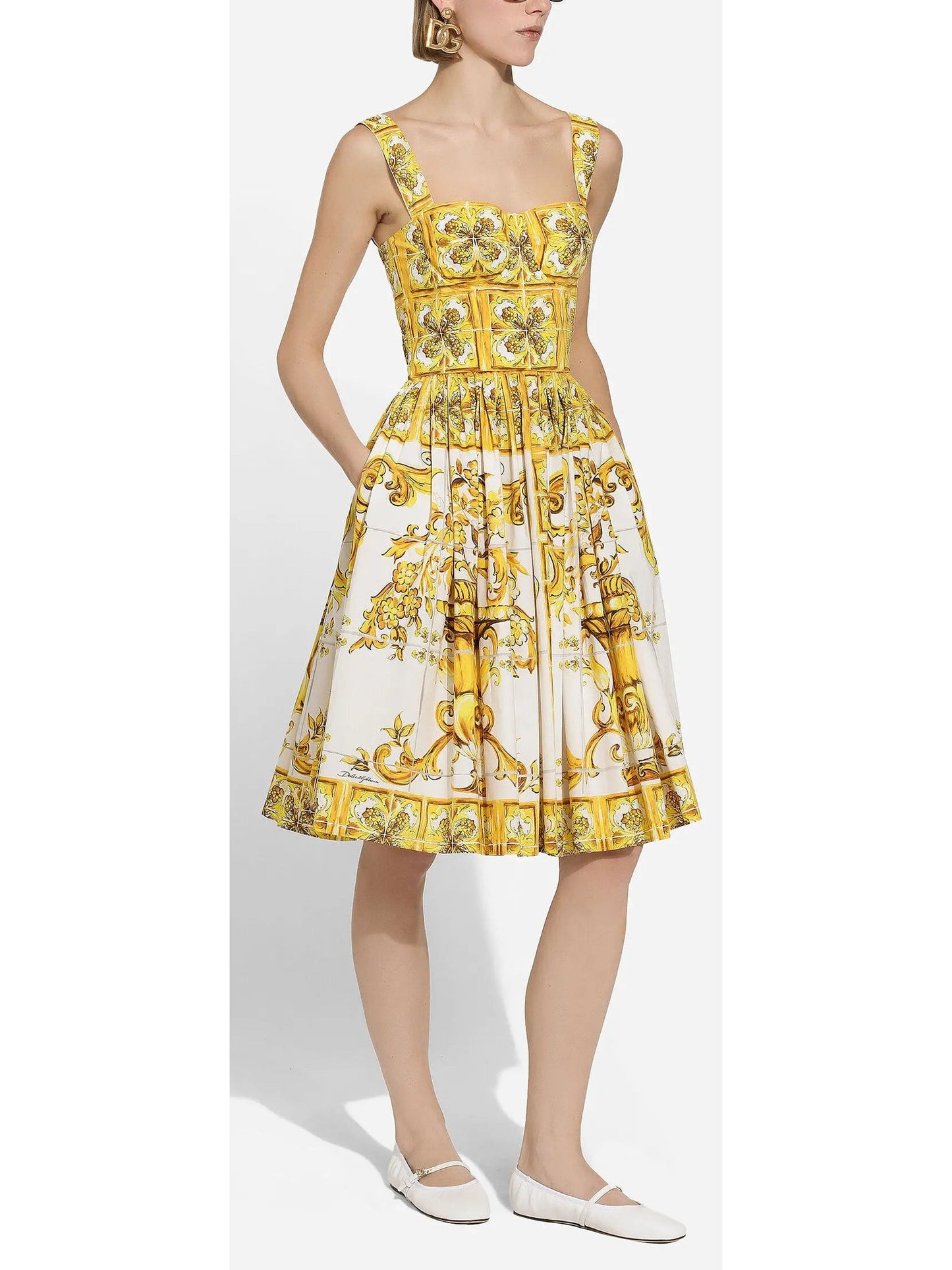 Majolica Italian Print Cotton Poplin Midi Corset Dress in Yellow and White - Dresses