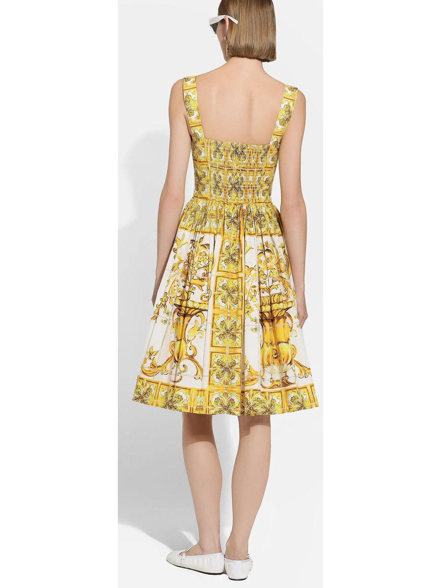 Majolica Italian Print Cotton Poplin Midi Corset Dress in Yellow and White - Dresses