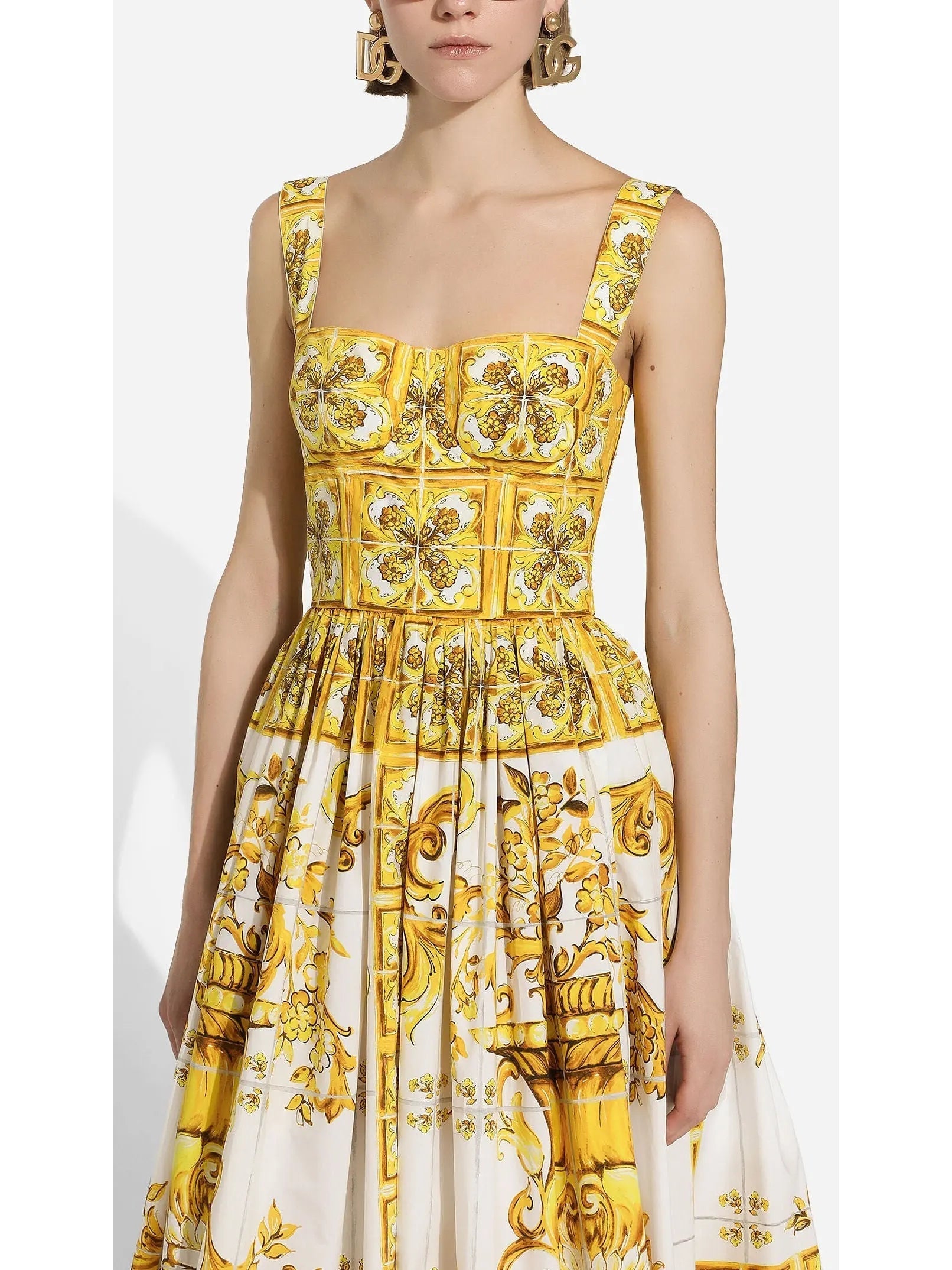 Majolica Italian Print Cotton Poplin Midi Corset Dress in Yellow and White - Dresses