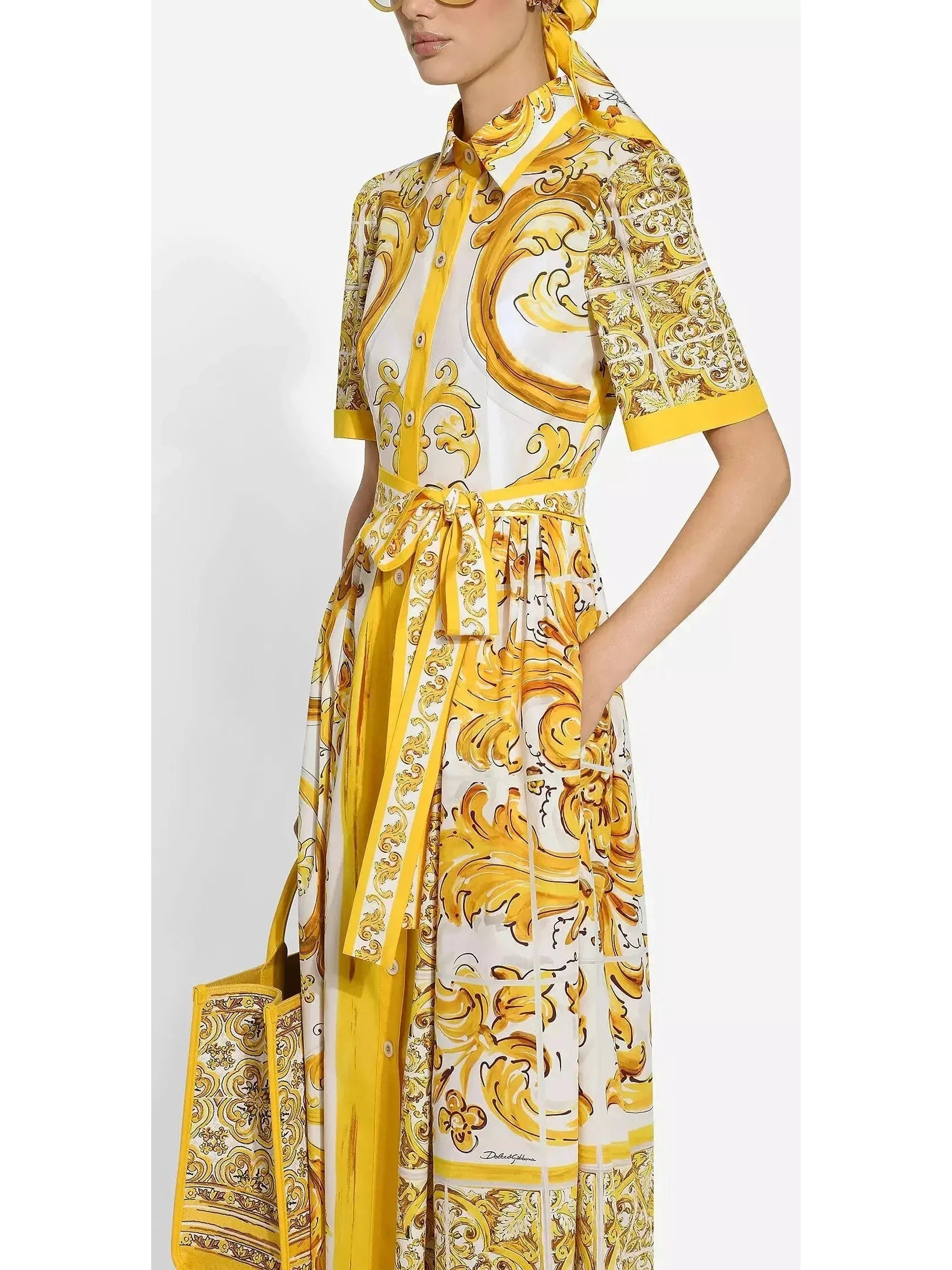 Majolica Italian Print Cotton Poplin Midi Shirt Dress - Dresses