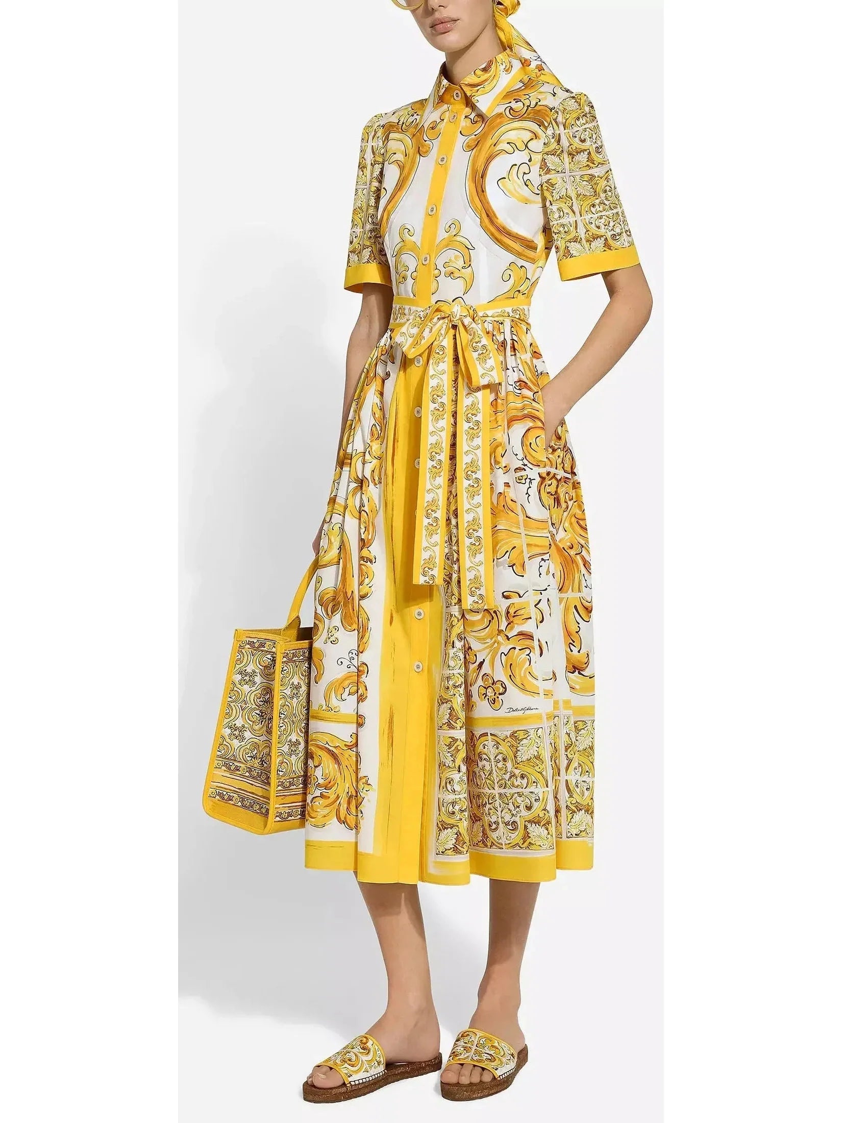 Majolica Italian Print Cotton Poplin Midi Shirt Dress - Dresses