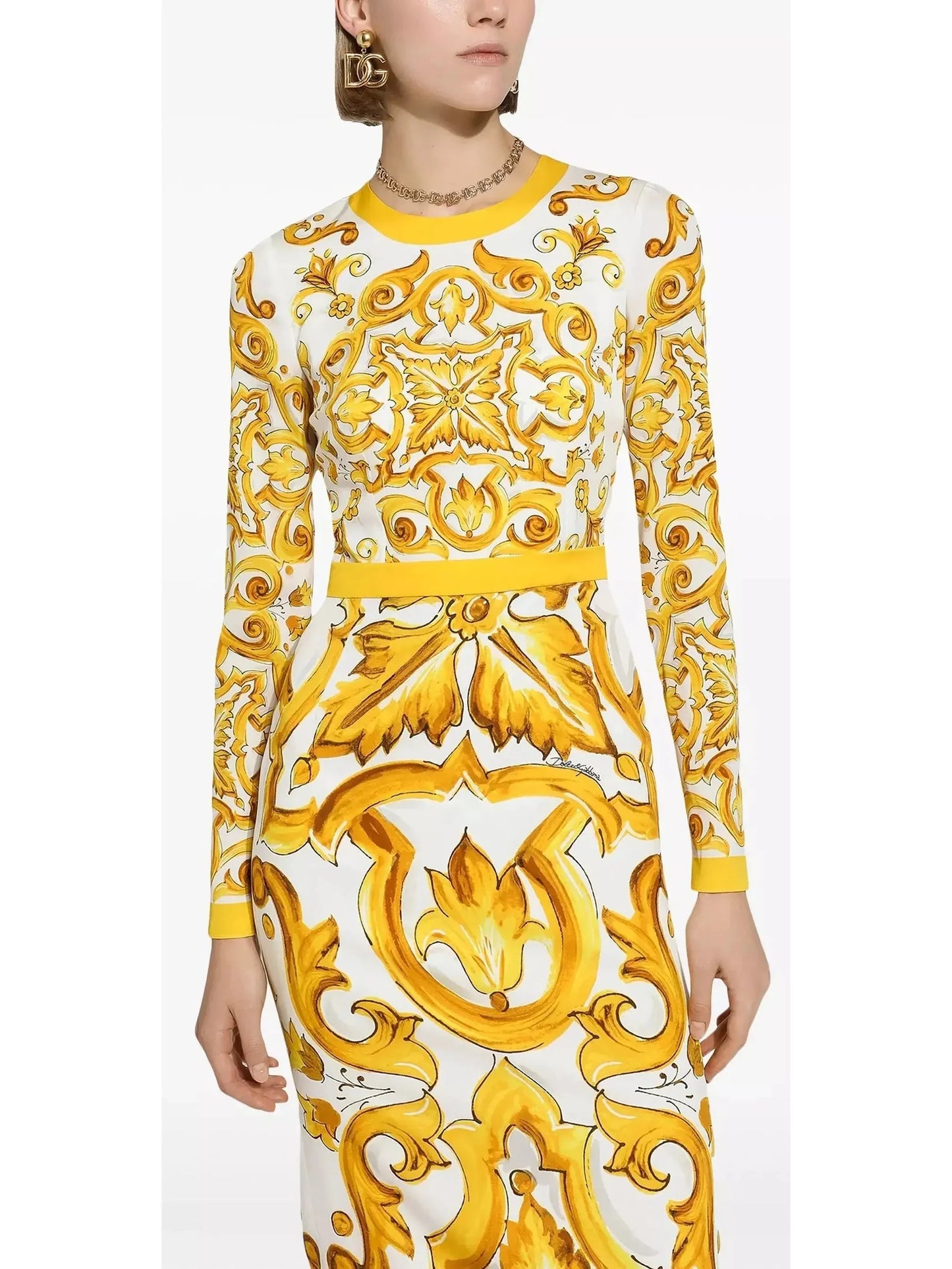 Majolica Italian Printed Charmeuse Silk Calf-Length Sheath Dress - Dresses