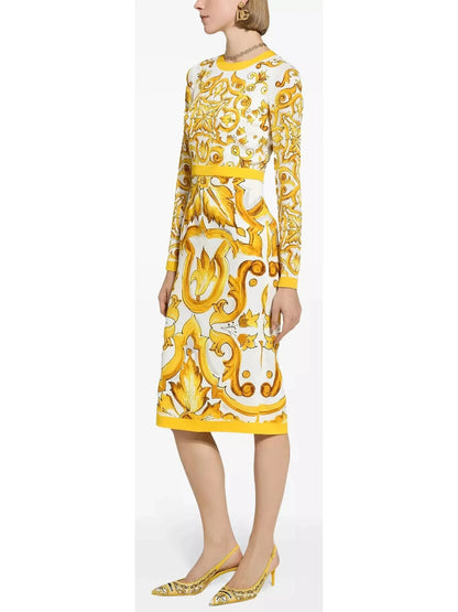 Majolica Italian Printed Charmeuse Silk Calf-Length Sheath Dress - Dresses